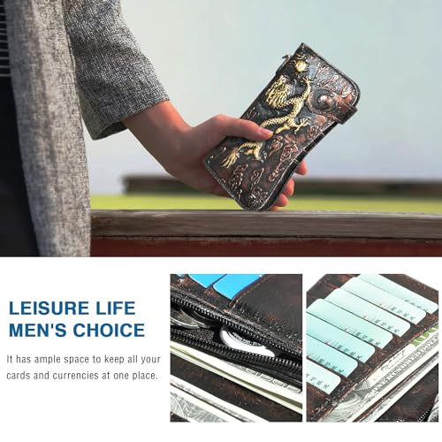 Genuine Crazy Horse Leather Travel Gift Coin Pocket Card Case Long Organizer Chain Rfid Wallet Purse With Snap For Men Male 1088 (1088 Coffee)3