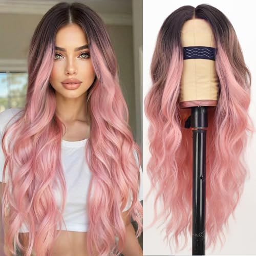 Image of AISI HAIR Ombre Pink Wig for Women, Long Wavy Lace Hairline Middle Part Synthetic Heat Resistant Wig for Daily Party-26 Inch