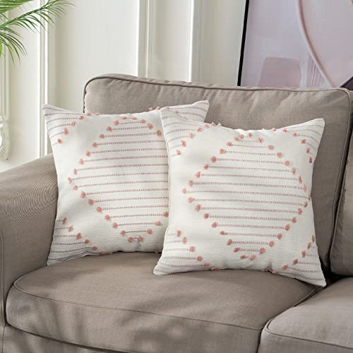 Blue Page Boho Decorative Throw Pillow Covers 20X20 Set Of 2 Tufted Farmhouse Pillow Covers For Couch Sofa Bed Living Room, Modern Accent Pink And Cream White Neutral Weave Pillow Covers #TOP12