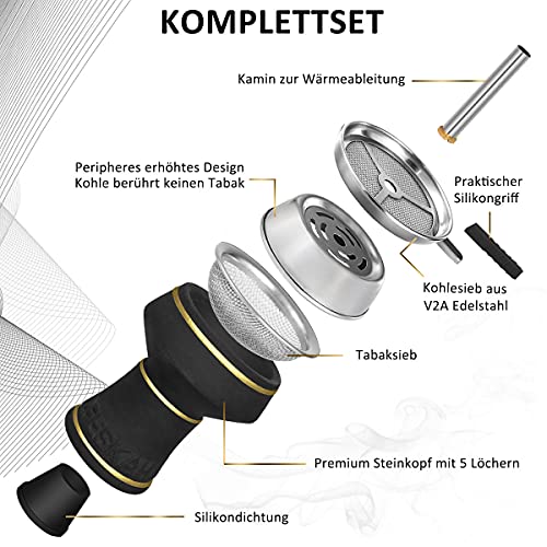 ADMY Shisha Set, Edelstahl V2A 95cm Hookah Komplettset Wasserpfeife mit 4 Anschlüssen | Aluminium Molassefänger | Holz… – Bild 6