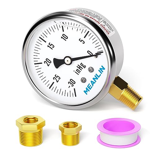 MEANLIN MEASURE -30~0Psi Stainless Steel 1/4" NPT 2.5" FACE DIAL,Vacuum Liquid Filled Pressure Gauge,Single Scale, WOG Water Oil Air Lower Mount, with 1/2" NPT and 3/8" NPT Hex Bushing