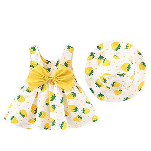 OBEEII Baby Girl Strawberry Tank Dress Hat Set Sleeveless Backless Summer Party Dresses Playwear Sunsuit Princess Gala Celebration Strawberry Yellow 2-3T
