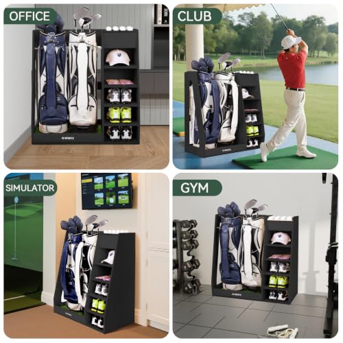 Golf-Bag-Storage-for-2-Bags-Premium-Birch-Plywood-Organizer-36lb-Rock-Solid-Golf-Bag-Organizer-7-Shelf-Command-Center-Artificial-Turf-12-Ball-Display-No-Wall-Mounting-Required-Black