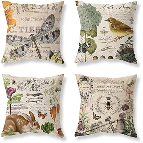 Mechanical Cattle Set of 4 Couch Vintage Throw Pillow Covers Farmhouse Bird Rabbit Bunny Decorative Linen Square Pillow Case for Outdoor Bed Sofa Car Patio Home Decor Pillow Covers 18x18 inch Cover