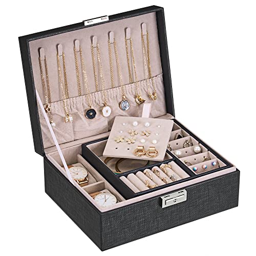 BEWISHOME Jewelry Box for Men Women,2 Layers Jewelry Organizer Box with 2 Watch Case Removable Tray, Jewelry Boxes Display Storage Case for Earrings, Necklaces, Bracelets Ideal Gift, Black SSH68B