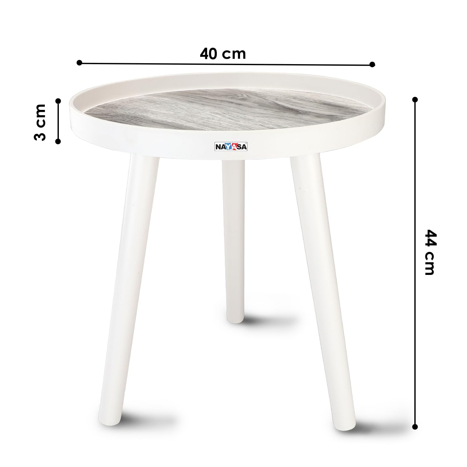 Nayasa Plastic Round Modern Side Coffee Table with Wooden Print | Lightweight End Table for Living Room, Bedroom & Balcony | Multipurpose Accent Table | Durable, Sturdy & Easy to Clean | White & Grey 1