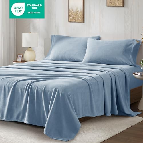 Image of True North by Sleep Philosophy Micro Fleece Bed Sheet Set, Warm, Sheets with 14 inch Deep Pocket, for Cold Season Cozy Sheet-Set, Matching Pillow Case, Twin, Blue, 3 Piece