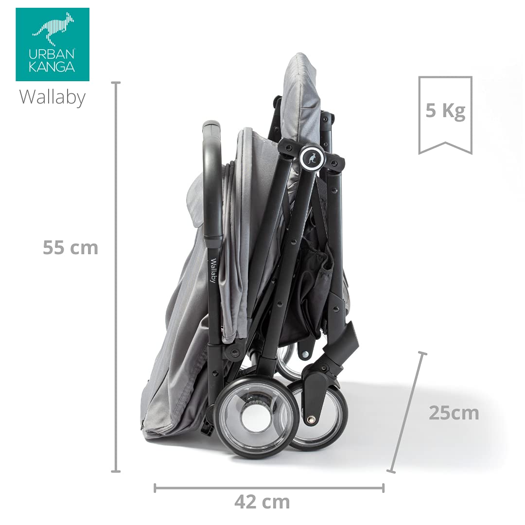 Urban Kanga Wallaby Poussette Ultra Légère 5 Kg - Pliage Auto 1 Main, Compacte Avion Dès Naissance à 15 Kg, Oxford Gris