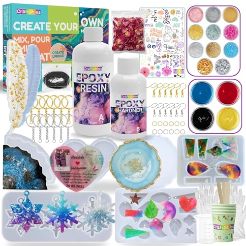 Image of Craftables DIY Resin Art kit with Moulds for Beginners & Adults | 200g Clear Casting Resin, 7 Silicone Moulds, 11 Colours Jewellery Accessories & Tools | Complete All-in-One Craft Set
