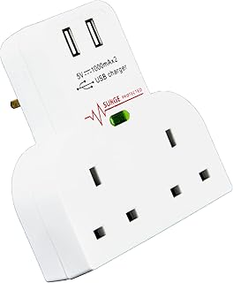 Double Plug Adaptor UK | Adaptor with 2 USB Ports | Type-C | 2 Way Adaptor | 3 Way Plugs Extension Multi Sockets | Short Circuit Protection | Double Adaptor Plug UK | UK Plug Sockets | (iN TECH)