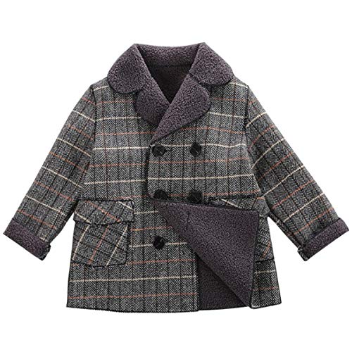 Boy's Pea Coat Faux Wool Double Breasted Trench Jacket Warm Plaid Peacoat for 2-10 Years