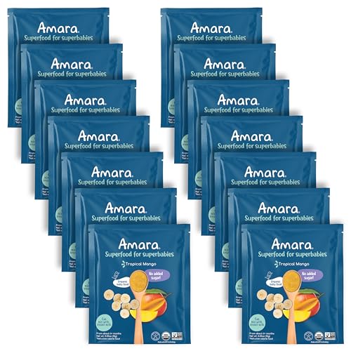Image of Amara Organic Baby Food - Stage 2 - Tropical Mango - Baby Cereal to Mix With Breastmilk, Water or Baby Formula - Shelf Stable Baby Food Pouches Made from Organic Fruit - 14 Pouches, 3.5oz Per Serving