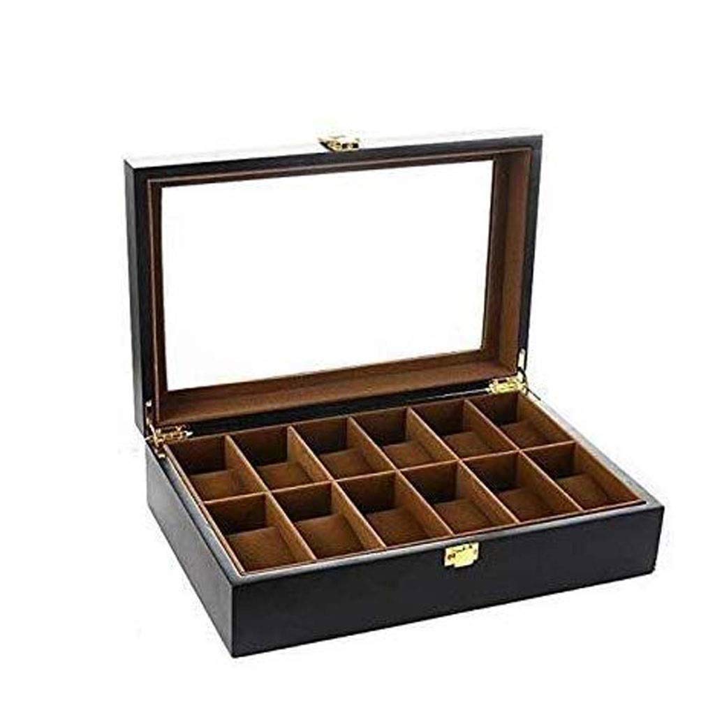Uhrenbox-Organizer-Kissenbezug – luxuriöse Premium-Vitrinen mit 12 Fächern und gerahmtem Glasdeckel, Elegante Kontrastnähte, robuster und sicherer Verschluss für