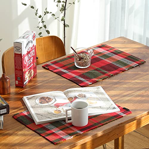 Origo Woven Table Mats/100% Cotton Crossweave Plaid Placemats, 18X13 Inches/Washable Dining Décor, Christmas Table, Home Party Décor (Red, 6) #TOP6