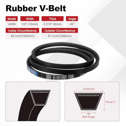 Image of AX59 Belt, Raw Edge Cogged Industrial Rubber EPDM V-Belt, Pack of 2 | 1 /2 inch(13mm) Width x 59 inch(1500mm) Inside Circumference x 5 /16 inch(8mm) Height