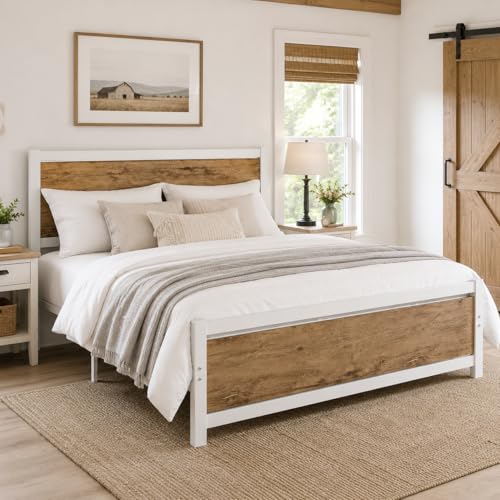 Image of Catrimown Full Size Bed Frame with Headboard, Full Metal Platform Bed Frame with Steel Slat Support, 10.5 in Under Bed Storage, No Box Spring Needed, Easy Assembly, White Brown