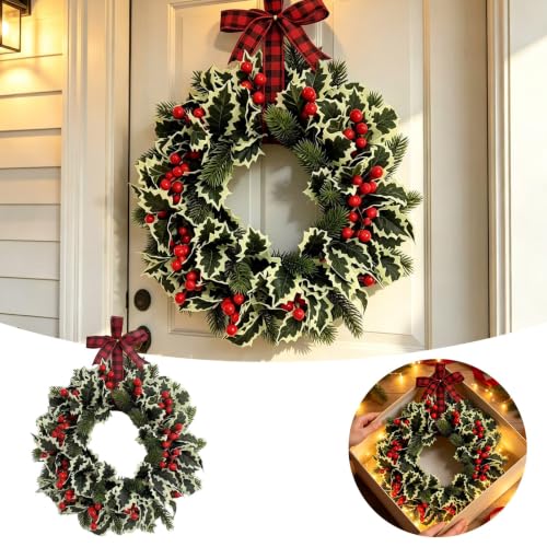 13.78in Christmas Wreath with Berries Plaid Bow for Front Door Wall - image 7