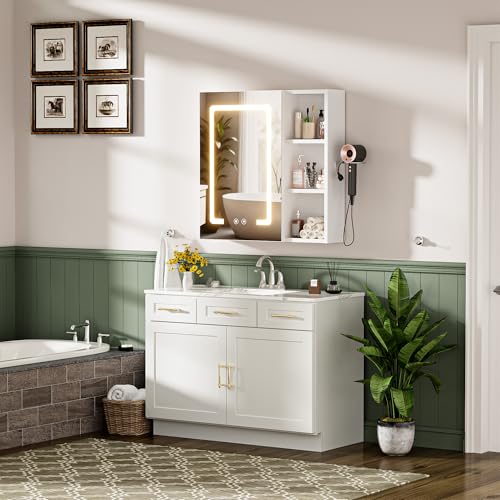 Ztexkee Armario Baño con Espejo LED iluminación y Función Armario Baño Espejo de Pared con 3 Estanteria Ajustables y Soporte para Secador de Pelo 60x60x15 cm Blanco - imagen 11