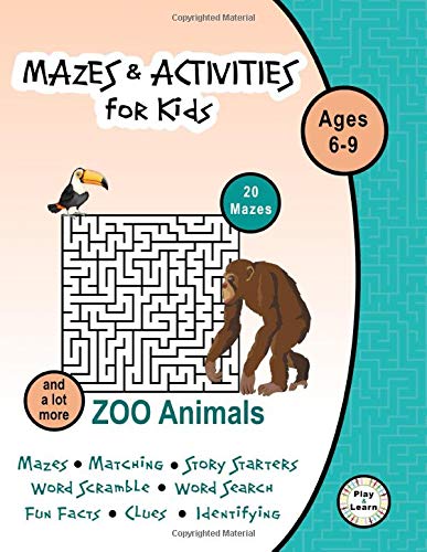 Mazes & Activities For Kids Ages 6-9: [Color Version] Zoo Animals with Mazes, Word Scramble, Word Search, Matching & More