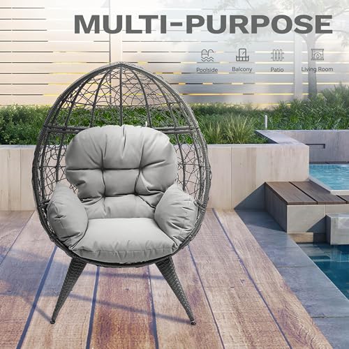 DWVO Oversized Egg Chair with Stand Rattan Outdoor Chairs, Large Lounger Chair with Cushion, Adjustable Leveling Feet, Egg Chair Indoor for Bedroom, Living Room, Outdoor Backyard, Patio, Garden, Grey