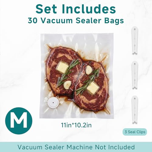 Reusable Vacuum Sealer Bags for Food – 30 BPA-Free Medium (11in × 10.2in) Food Storage Bags, Freezer Microwave Safe– Odor Resistant, Leak-Proof – Compatible with Handheld Vacuum Sealers