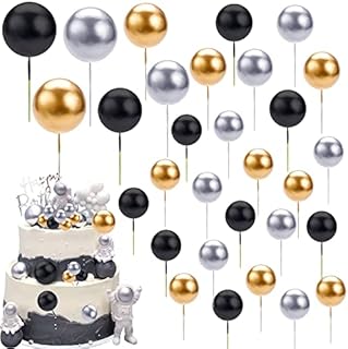 Balls Cake Topper Decorations, Wieat 30 Pcs Black Silver Gold Mini Balloon Cupcake Toppers, Faux Pearl Balls DIY Cake Insert Topper Bakeware Decoration for Birthday Anniversary Wedding Party Supplies