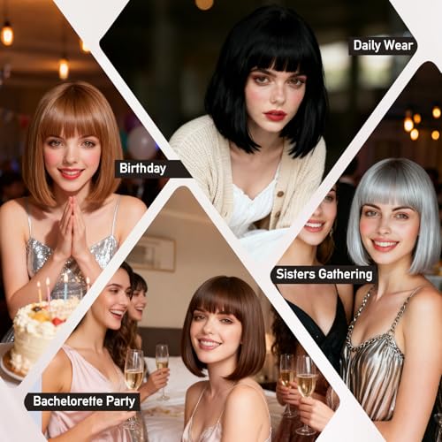 Image of PLULON Light Gray Short Bob Wig with Bangs for Women, Colorful Neon Short Bob Synthetic Hair Wigs with Hair Cap Heart Sunglasses for Adults Daily Bachelorette Halloween Costume Party Supplies