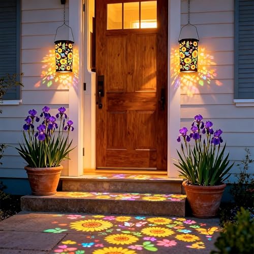 Lanterne solaire extérieur suspendue IP65 : lot de 2 lampes rétro motif tournesol pour jardin