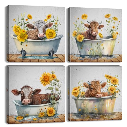 Funny-Highland-Cow-Wall-Art-Canvas-Prints-Bathroom-Decor-Rustic-Farmhouse-Sunflower-Cow-Pictures-Wall-Decor-Country-Cattle-in-Bathtub-Painting-Artworks-Living-Room-Bedroom-Home-Decorations-12x12-4P Funny Highland Cow Wall Art Canvas Prints Bathroom Decor Rustic Farmhouse Sunflower Cow Pictures Wall Decor Country Cattle in Bathtub Painting Artworks Living Room Bedroom Home Decorations 12×12 4P