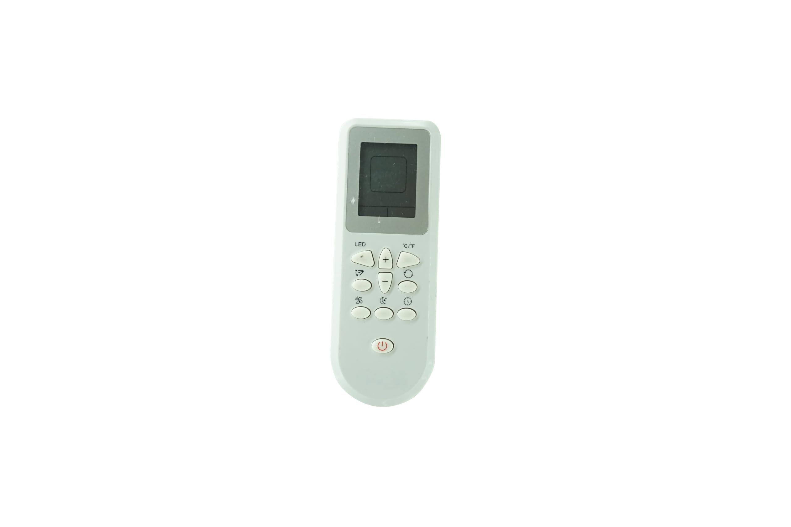 Front view of the AC replacement remote control showing all buttons and the display screen.
