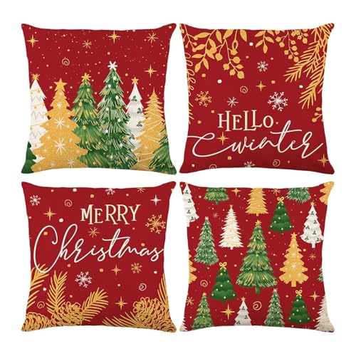 ONFAON Christmas Decorations - Christmas Pillow Covers 18 x 18 Inches Set of 4,Xmas Tree Throw Pillow Cases Winter Holiday Decor for Sofa Living Room