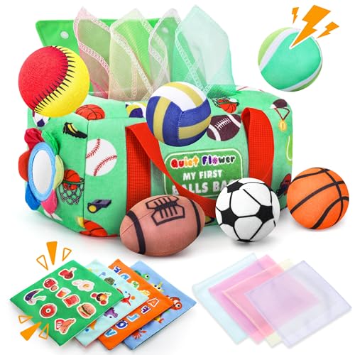 Image of My First Sports Bag 6-12 Months Baby Tissue Box Toy, 16pcs Montessori Sensory Set: Soft Plush Balls, Crinkle Paper, Scarves & Mirror, Squeaky Fine Motor Gift for Infant Toddler 1 Year Old Boy Girl