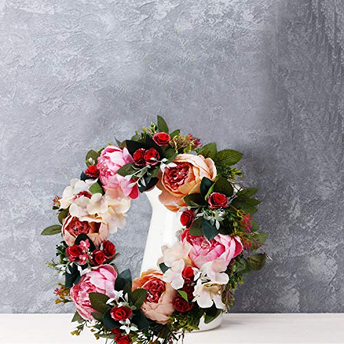 Door Wreath Floral Wreath Fake Flowers 15" Artificial Peony Wreath With Green Leaves Handmade For Farmhouse Welcome Door Wall Home Decor Office Pink #TOP7