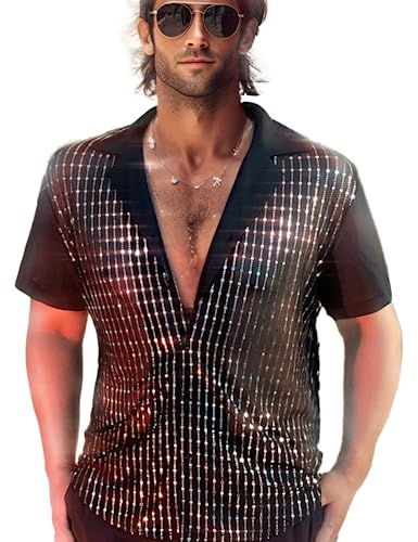 Mens Mesh Sequins See Through 70s Disco Long Sleeve Button Down Shirts