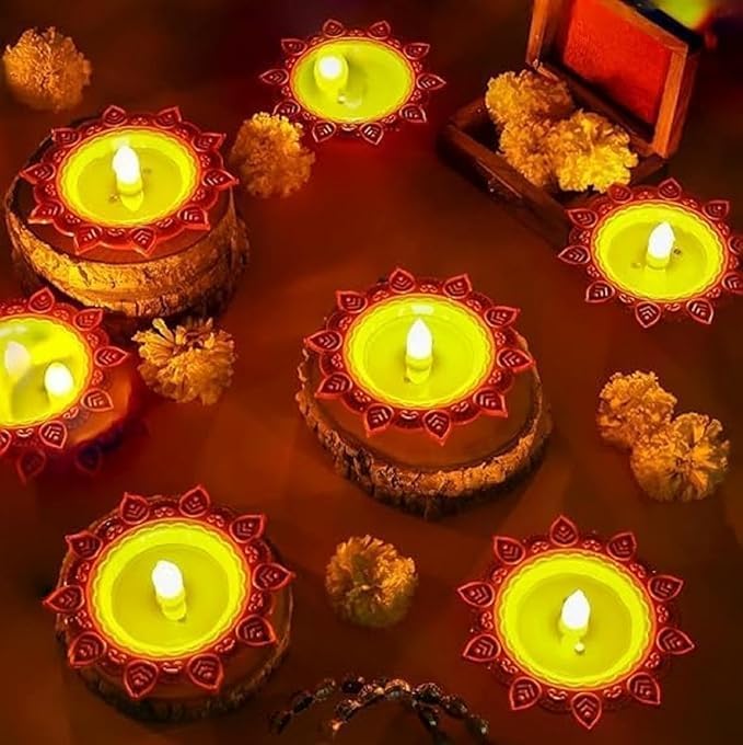 Lotus Water Sensor Led Light Diyas Flameless & Smokeless Warm Ambient Tea Light Candles for Diwali, New Year Home/Mandir Decoration (Brown) (Pack of 8)