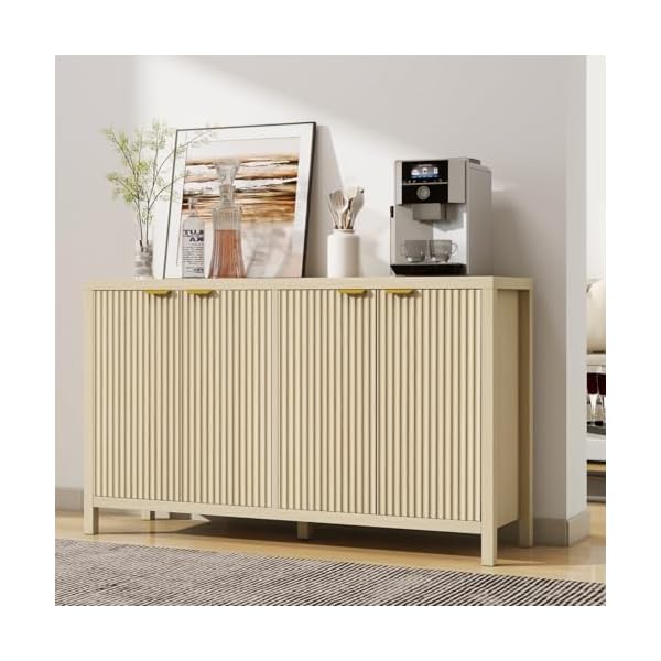 Linlux fluted storage cabinet sideboard buffet cabinet with storage accent cabinet with 4 doors for kitchen entryway dining room living room oak  urban country home decor
