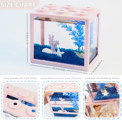 Image of Small Betta Fish Tank, Mini Fish Tank Aquarium Tank Kit with Blue Gravel & Resin Decorations, 0.6 Gallon Stackable Fish Bowl Tiny Desktop Aquarium for Sea Monkey Shrimp