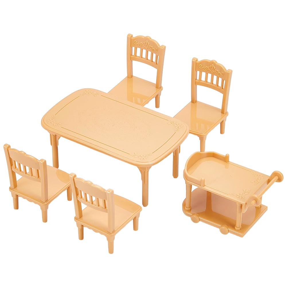 UNICRAFTALE 6pcs 1:12 Scale Plastic Dollhouse Furniture Dining Table and Chairs Set with Cart Miniature Dining Room Accessories for Dollhouse Decoration and Model Displays 10.5x6.4x4.6cm