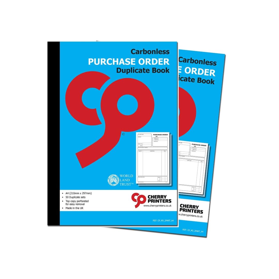 Cherry Printers | Carbonless Purchase Order Duplicate Book A4 | 2 Part NCR Order Book | 50 Duplicate Sets | Perforated Top Copy | Business Purchase Order Forms for Office & Self Employed **2 Pack**