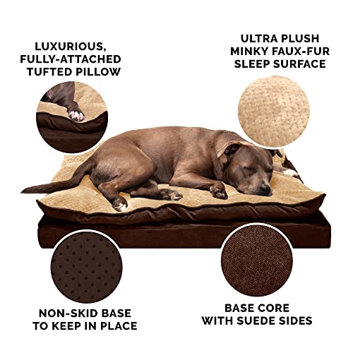 Image of Furhaven Orthopedic Dog Bed for Large /Medium Dogs w / Pillow Cushion Top & Removable Washable Cover, For Dogs Up to 55 lbs - Minky Plush & Suede Pillow Top Mattress - French Roast, Large