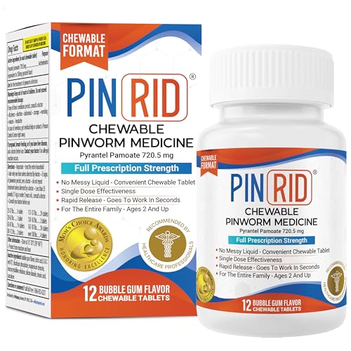 PIN RID - Pinworm Medicine for Family 2+ Bubble Gum Chewable Tablets (12 Doses) - 250mg Pyrantel Pamoate - Single-Dose Parasite Cleanse for Humans - Allergen Free