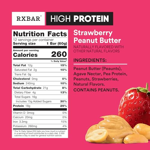 Image of RXBAR High Protein Bars, Gluten Free, Protein Snacks, Strawberry Peanut Butter, 25.3oz Box (12 Bars)