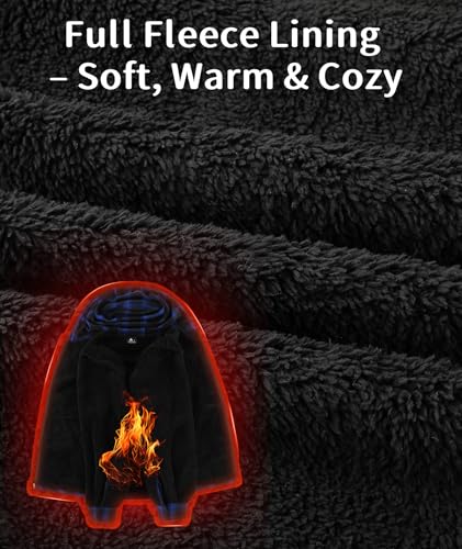 Image of V VALANCH Men's Sherpa Lined Flannel Jacket with Hood - Zip Up Plaid Shirt Jacket Winter Outdoor Warm Outerwear Fleece Coat