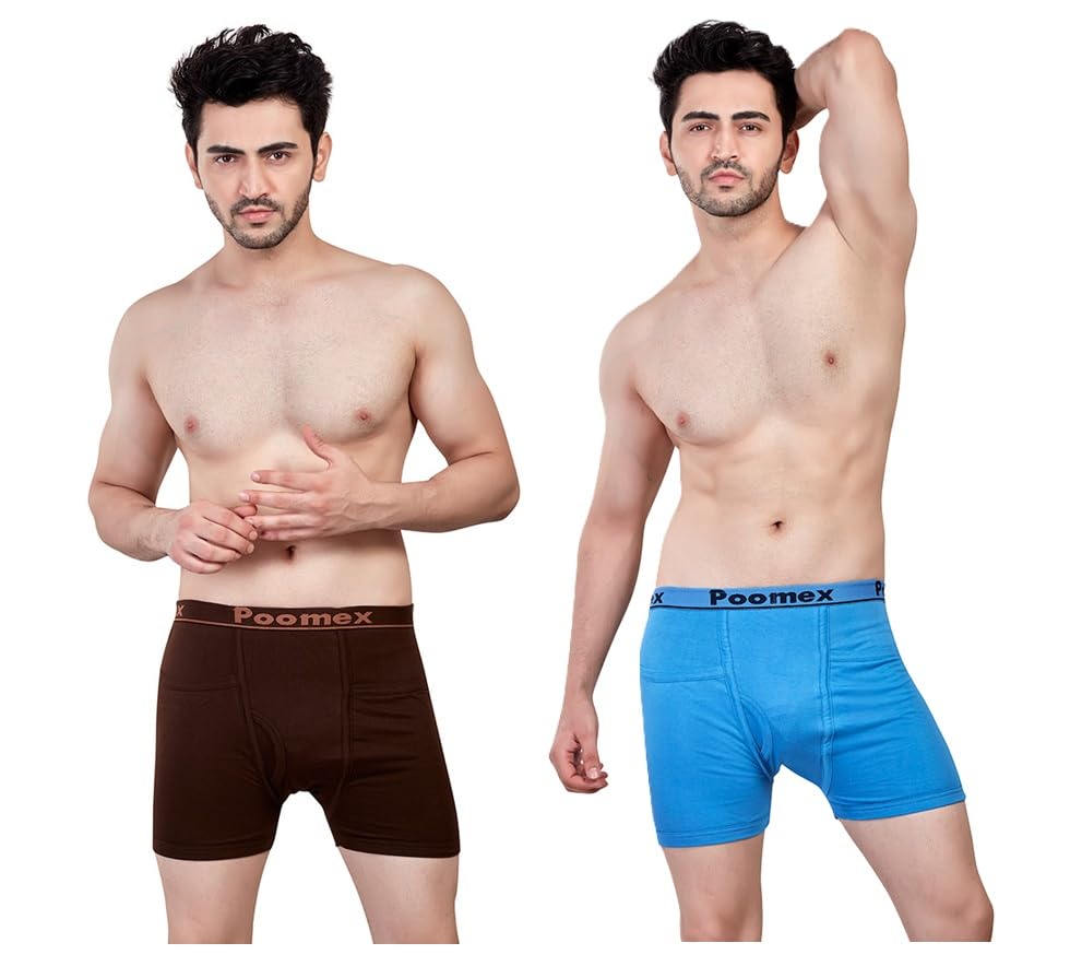 poomex Men's Cotton Comfort Pocket Trunks (Pack of 2) Multicolour Each Pack # Double Layered Pouch # Classic Pattern with Pocket #-picture-35
