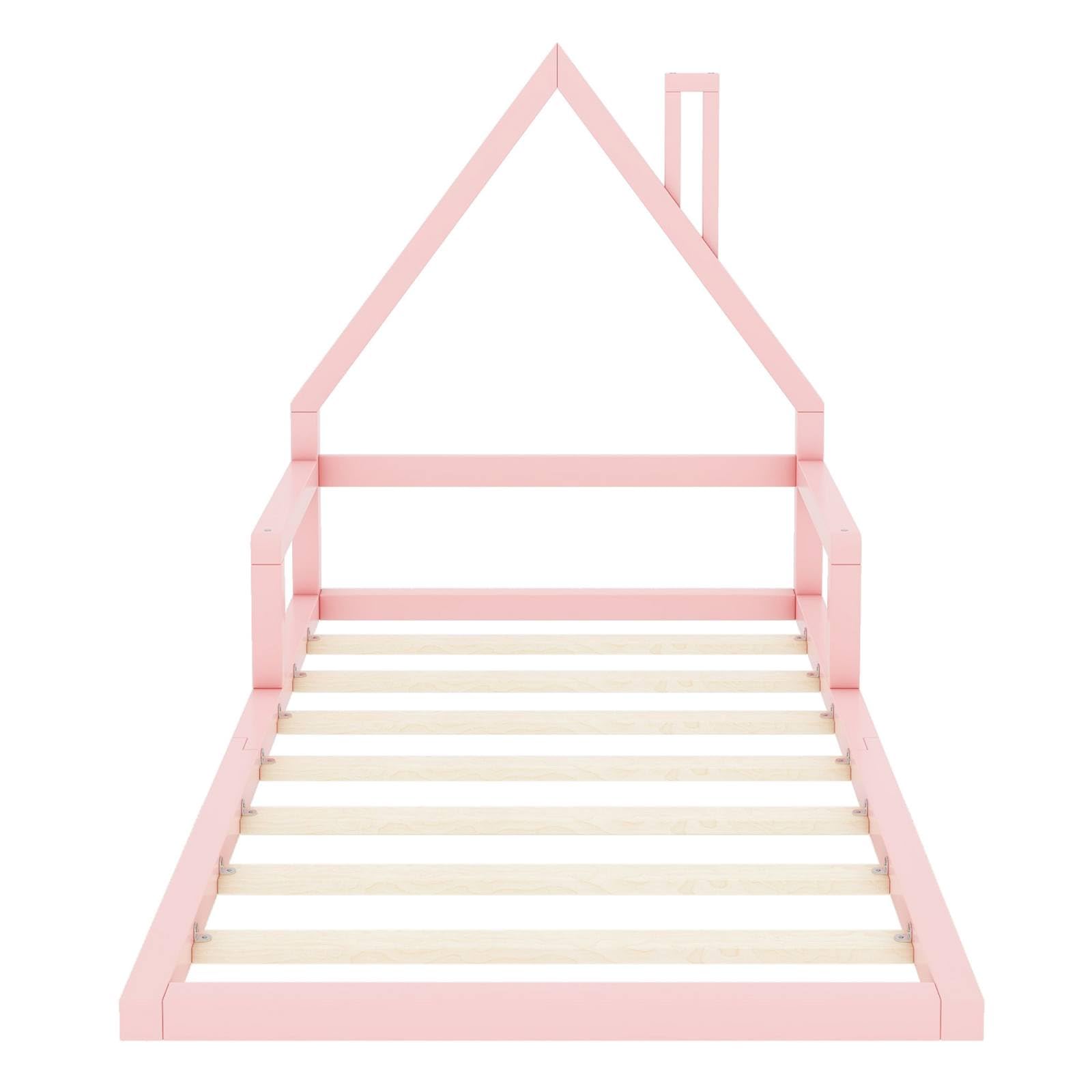PUGSDRLY Lit Enfant 90x200cm, Lit Plaqué Pin Massif 1 Place, Forme Maison