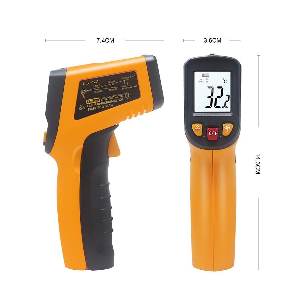 KETOTEK Termometro Laser Infrarossi Digitale -50℃-600℃ Punto laser Senza contatto Batterie AAA incluse Giallo