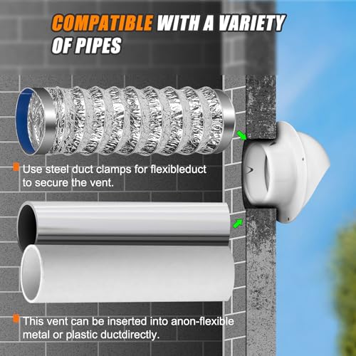 Image of Matework Dryer Vent Cover Outside, 4 Inch Stainless Steel Round Dryer Vent, Auto-Open Wall Vent, White (Pack of 2)