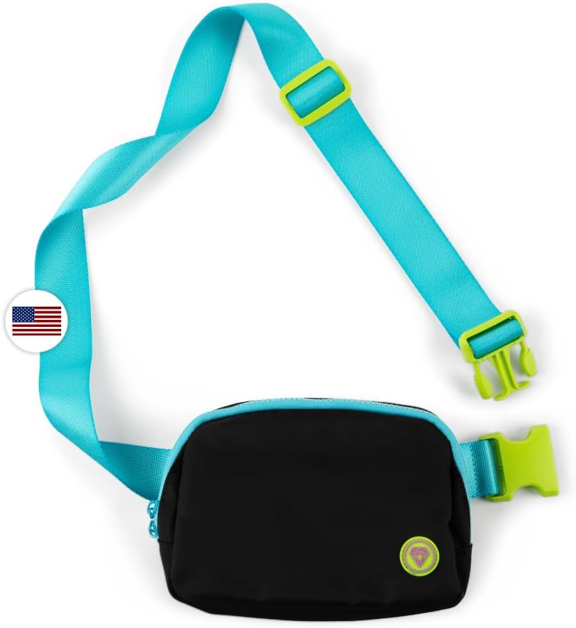 Rubina Anywhere Belt Bag | Crossbody & Chest Bag for Women & Men | Unisex Hip Waist Pack for Hiking, Workout, Running, Travel & Festivals | Adjustable Strap | Neon Currents (Black)