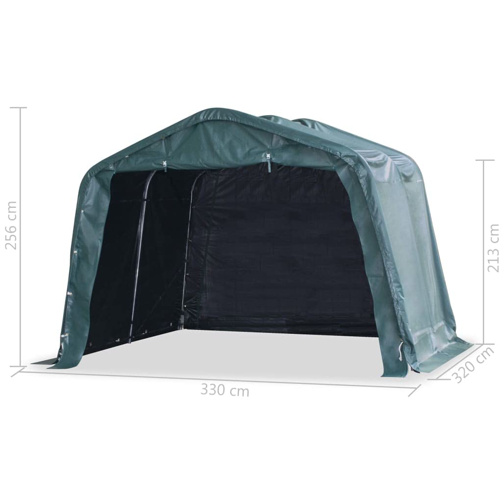 Tenda per pascolo in PVC 550 g/m², verde scuro, 3,3 x 3,2 m, con telaio in acciaio zincato e due porte arrotolabili, per allevamento, agricoltura, accessori per stalle e riparo per pascoli