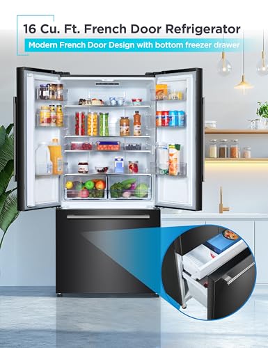 BLACK+DECKER 16 Cu. Ft. French Door Refrigerator with Built-in Ice Maker, Full Size Refrigerator with Bottom Mount Freezer Drawer, Frost Free, ENERGY STAR certified, BRF1600GIMB, Black on Fridge.com